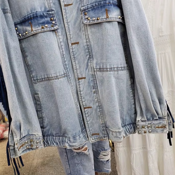 Black Vintage Wash Studded Floral Embroidered Tassel Button Down Jean jacket - Picture 9 of 11